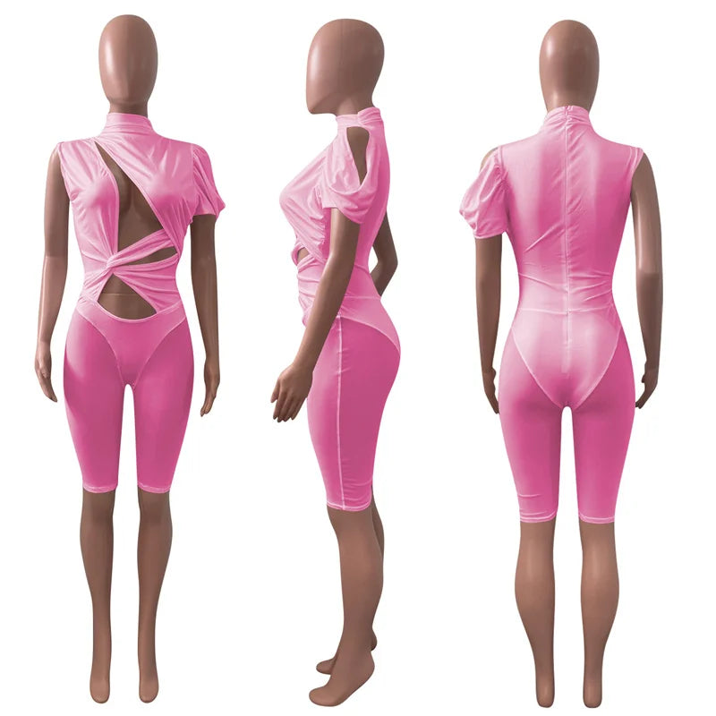 Sexy Mesh Patchwork See Through Skinny Playsuit Women One Shoulder Draped Hollow Out One Piece Rompers Party Club Jumpsuit Short