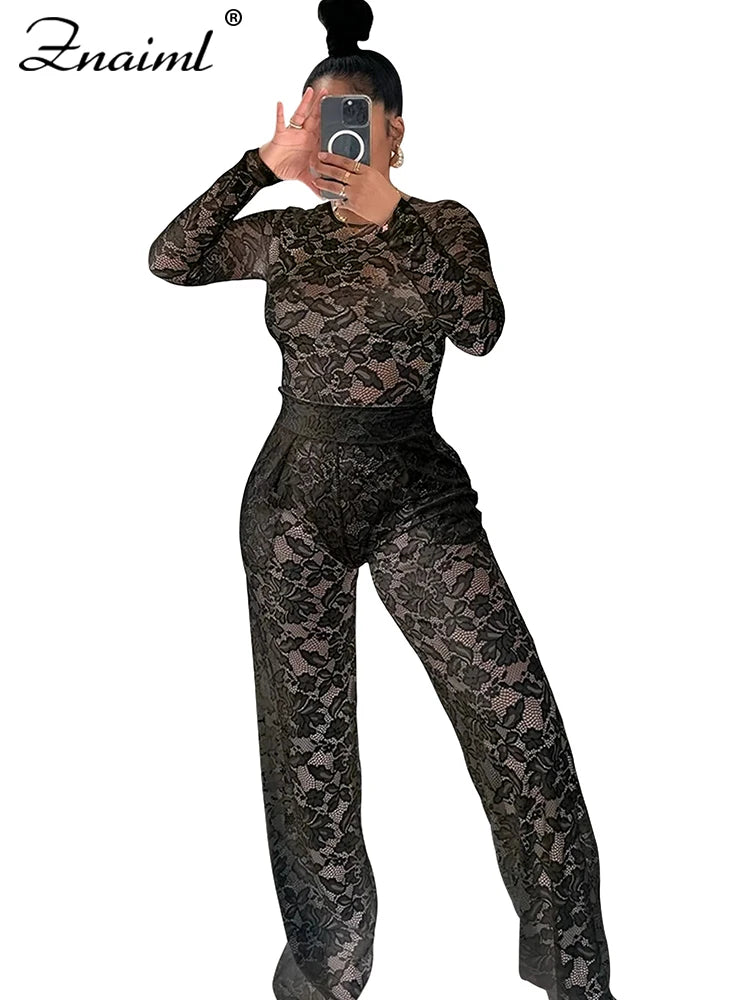 Znaiml Sexy Lace See through Two 2 Pieces Outfit Women Black Long Sleeve Bodysuits Top and Straight Pants Suit Birthday Clubwear