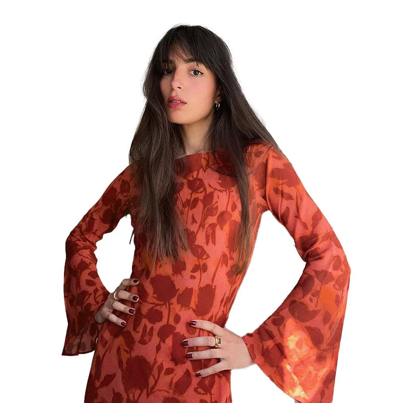 Temperament printed crewneck basic dress female fall style fashion elegant slim dress