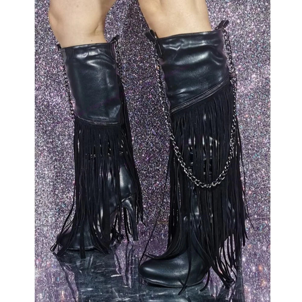 Black Tassel Metal Chain Boots Patchwork Round Toe Shoes for Women Knee High Thin High Heels Sexy Shoes 2025 Zapatos Para Mujere