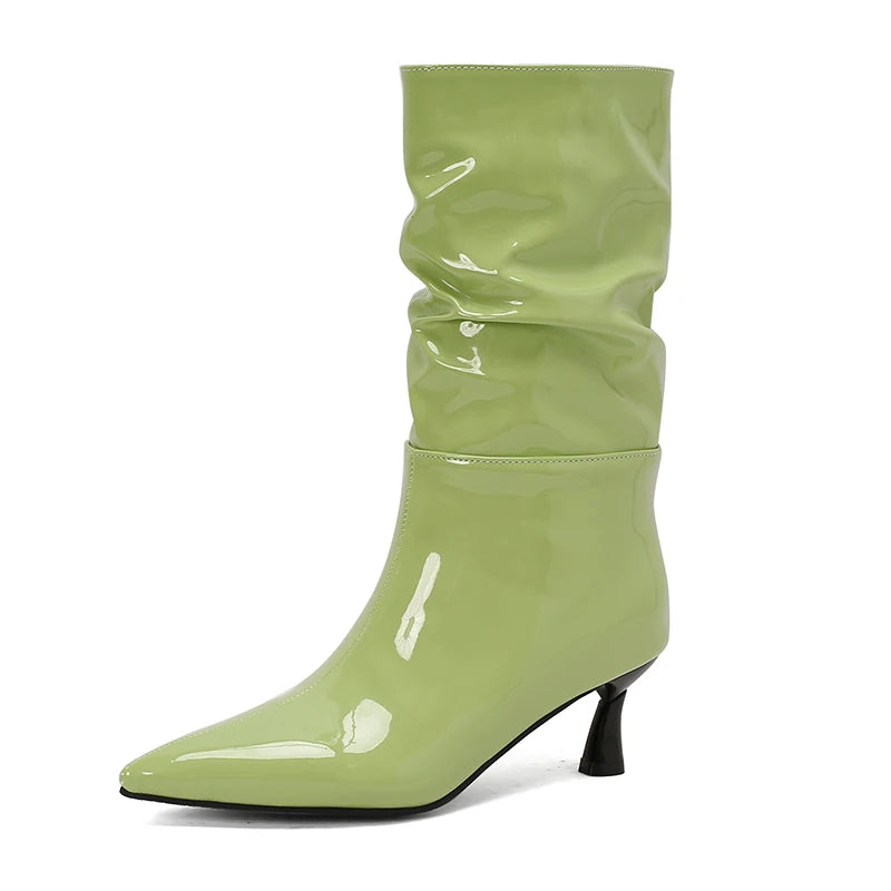 Patent Leather Pointed Toe Mid Calf Slouch Boots for Women