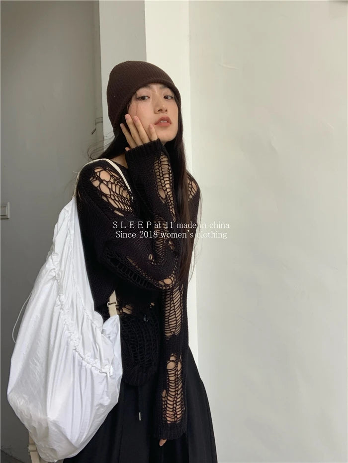 Karrram Gothic Hollow Out Sweater Hole See Through Oversized Knitted Pullovers Emo Streetwear Grunge Clothes Y2k Tops Spring