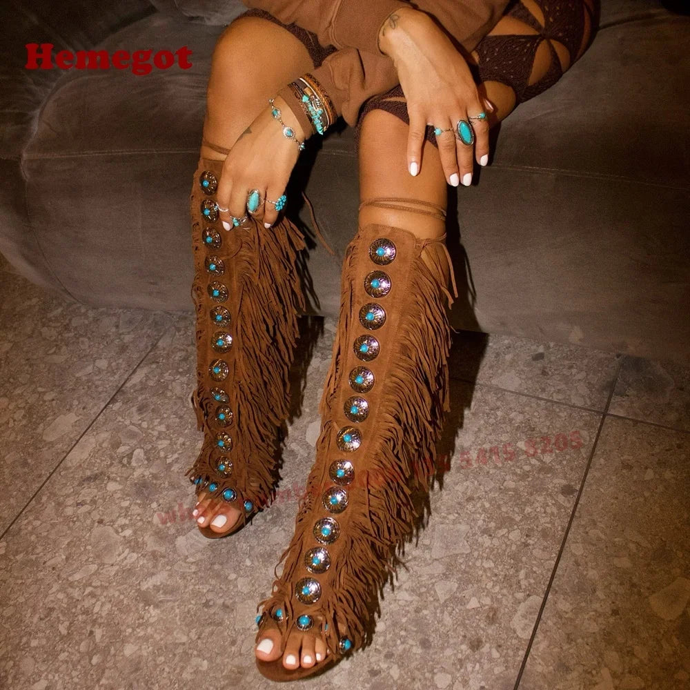 Gemstone Tassel Lace Up Open Toe Sandals for Women