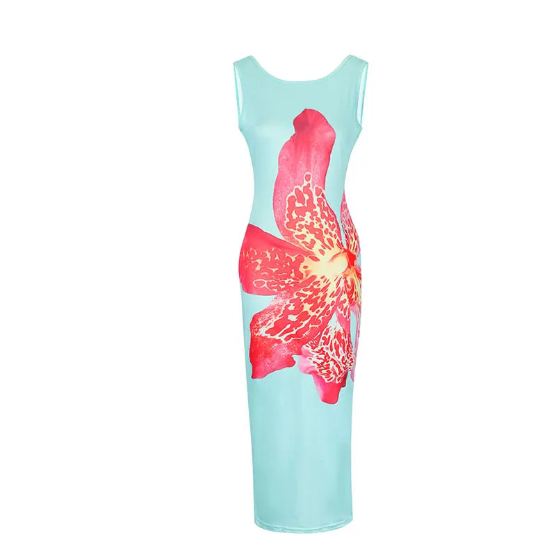 Summer New Women's Dresses Casual Slim Streetwear Fashion Print Maxi Dress Elegant Lady Sexy Backless Sleeveless Dress Clothing