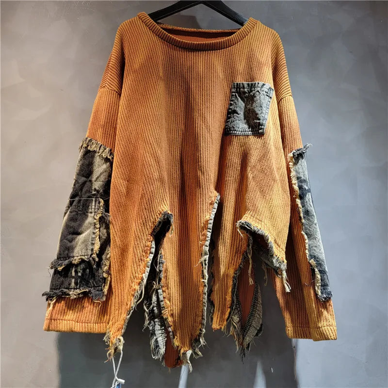 Denim Tie-Dye Patchwork Sweater