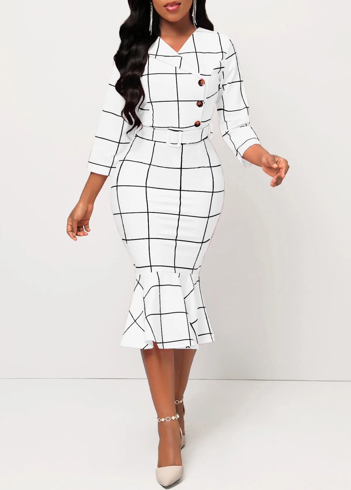Sexy fashion solid color seven-quarter sleeve small V-neck women's dress SMR12189