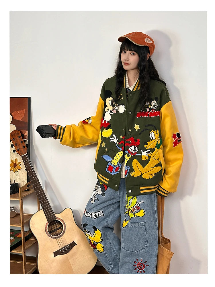 American Retro Cartoon Embroidery Thickened Cotton Baseball Jacket for Women Loose Cotton Coat for Autumn and Winter 2025 New