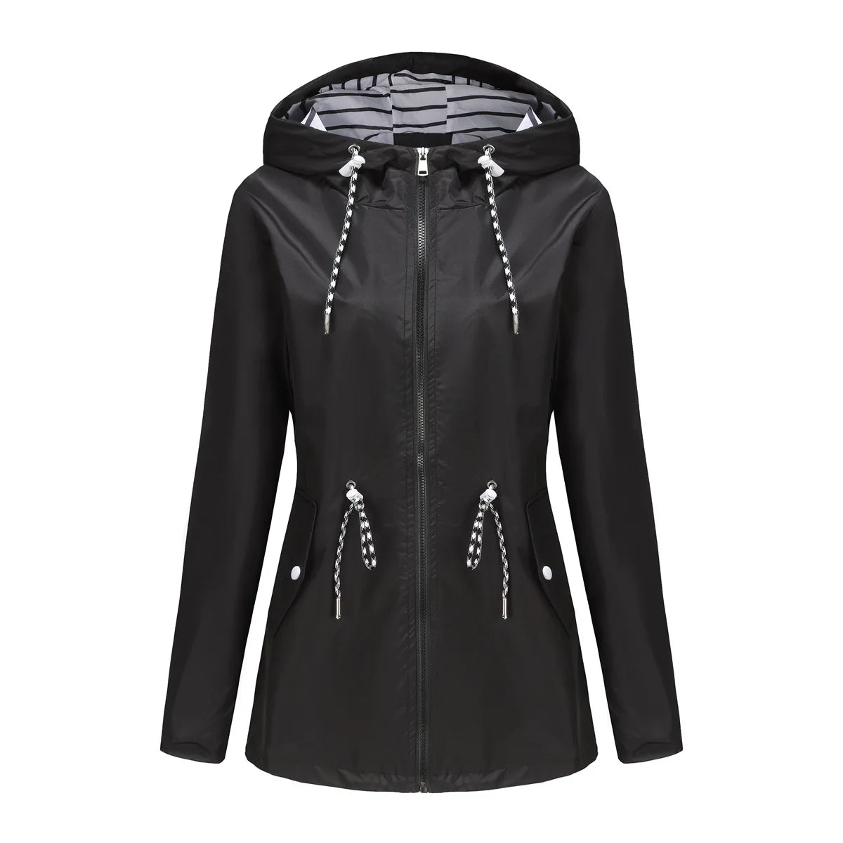 Women Outdoor Windbreaker Casual Loose Hooded Waterproof Raincoat Long Sleeve Solid Color Mid-length Zipper Hiking Jackets