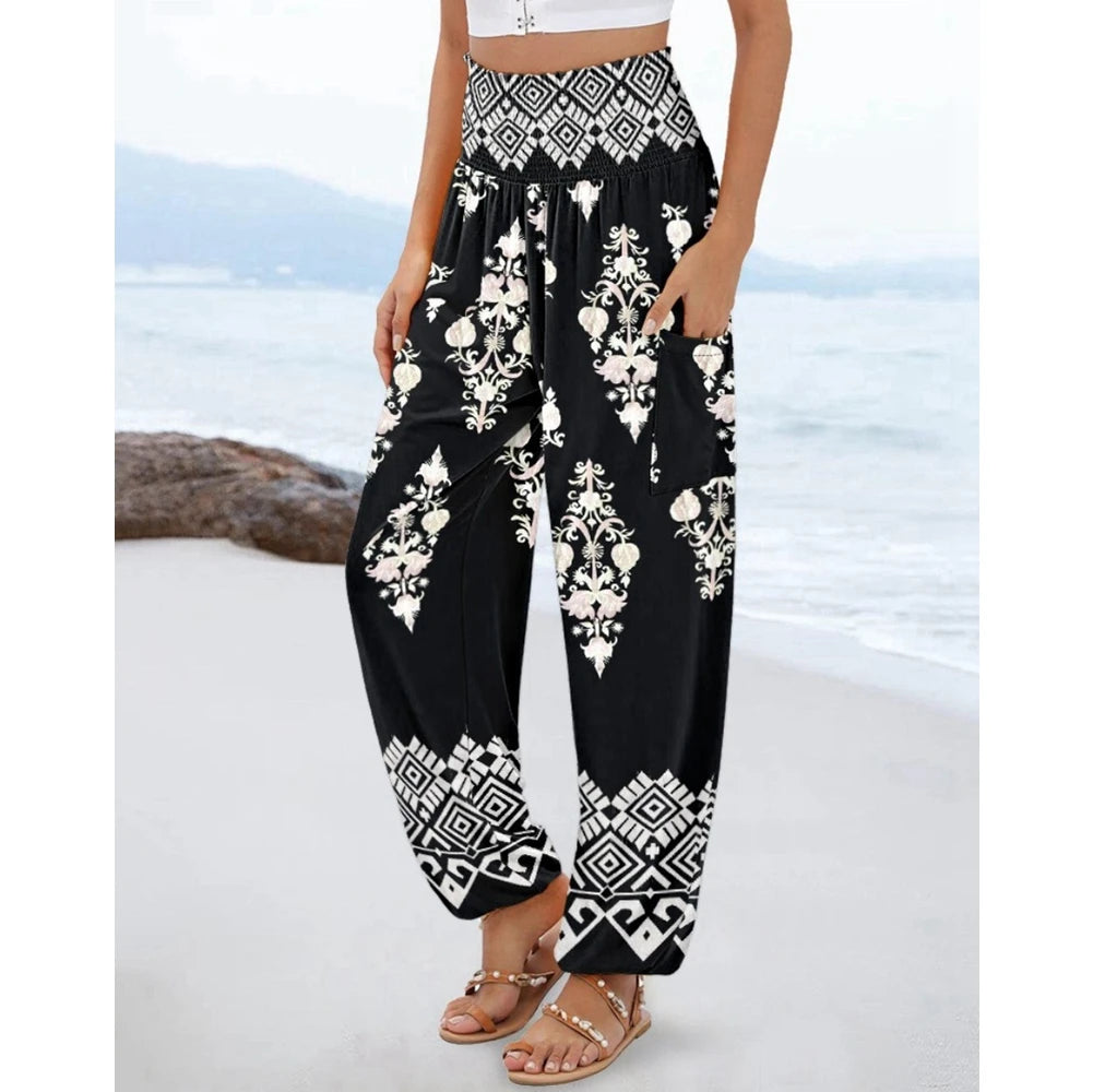 Women's High Waist Floral Print Pocket Cuffed Pants – Casual Sporty Streetwear Trousers with Shirring Elastic Waist