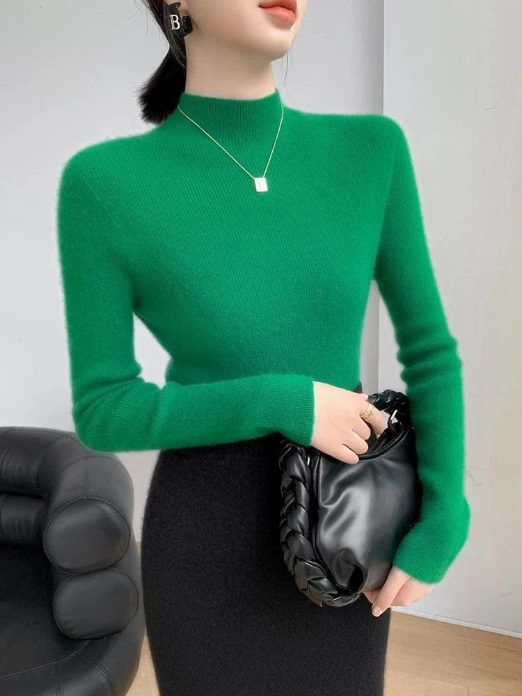 Women 100% Cashmere Sweater Mock Neck Pullover Autumn Winter Slim Basic Cashmere Knitwear Soft Warm High Strecth Pullover Tops