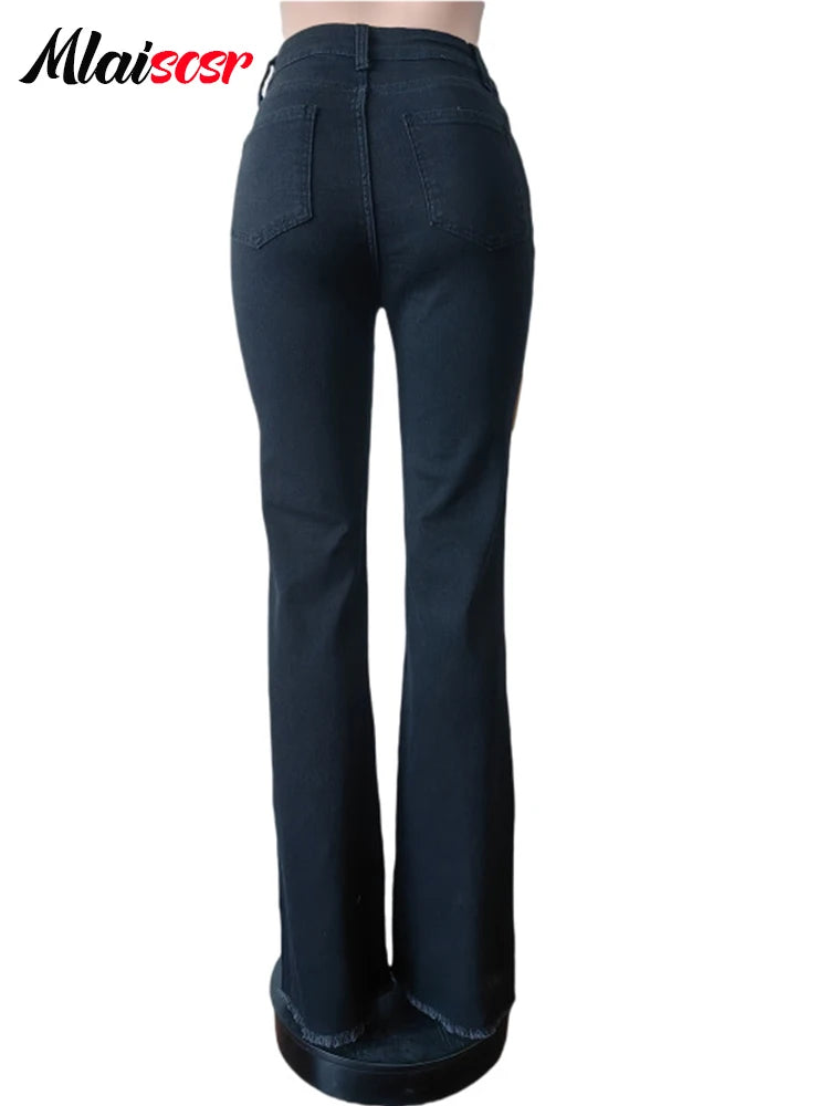 Mlaiscsr Fashion High Street Printed Patchwork Stretch Jeans Women Sales Button Boot Cut Denim Flare Pants Boyfriend Trousers