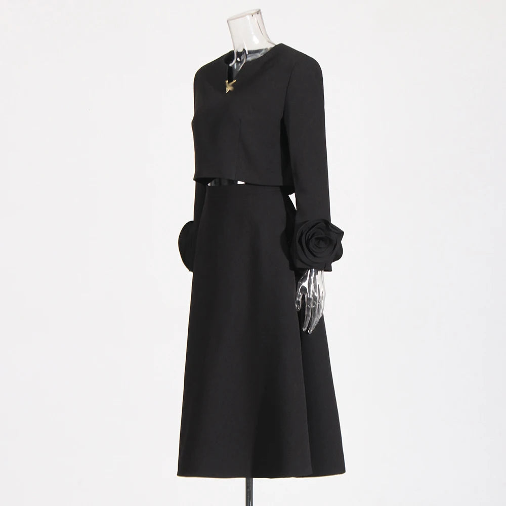 TWOTWINSTYLE Solid Two Piece Set For Women V Neck Long Sleeve Spliced Appliques Top High Waist Loose Skirt Elegant Sets Female
