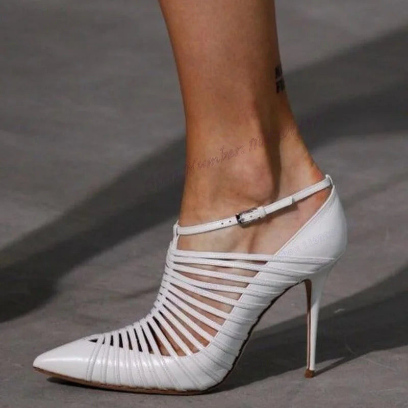 White Hollow Out T-strap Sandal Snakeskin Back Strap Pointed Shoes for Women Thin High Heels Sexy Shoes 2025 Zapatos Para Mujere