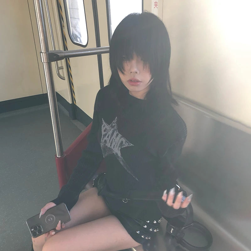 Karrram Japanese Y2k Black Knitted Tops Trashy 2000s Style Long Sleeve Knit T-shirt Vintage Harajuku Distressed Knitwear Grunge