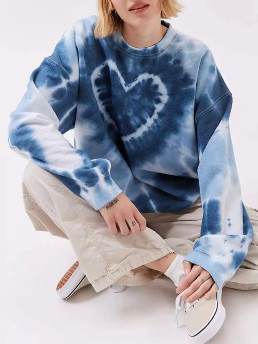 Women's Spring and Autumn Loose Heart Tie Dye Round Neck Sweatshirt Long Sleeve Heart Tie Dye Printed Round Neck Sweatshirt