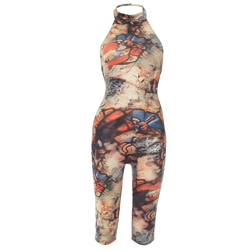 Weird Puss Aesthetics Print Jumpsuits Women Halter Sexy Backless Skinny Peach Buttocks Midnight Club Party Wild Styel Overalls