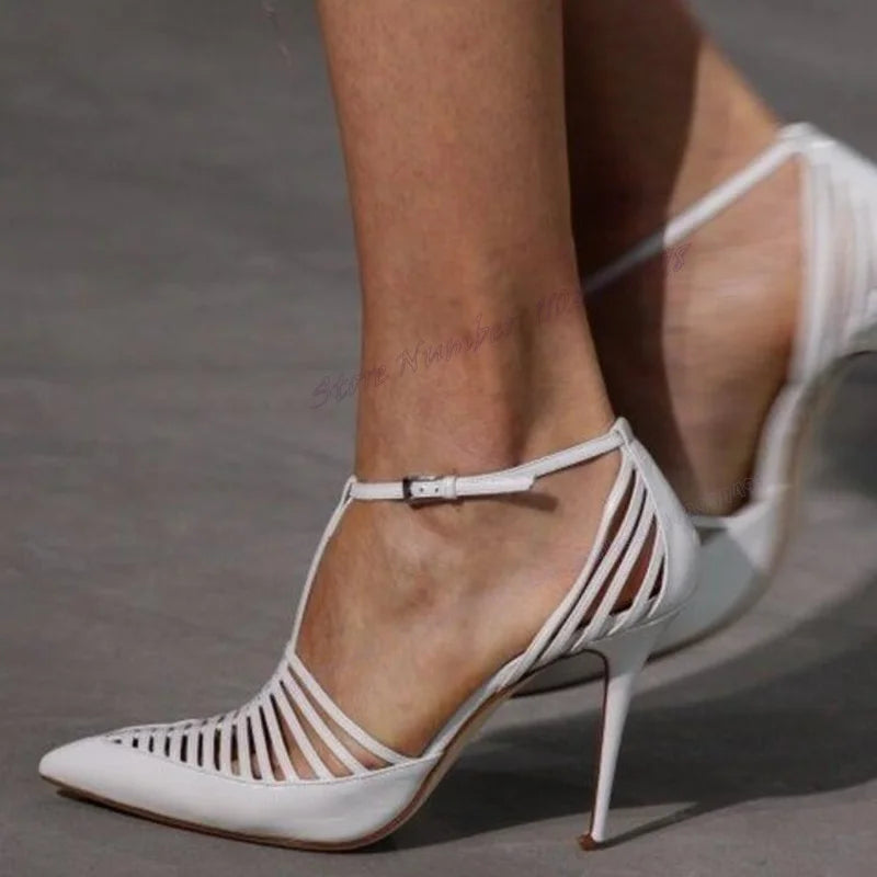 White Hollow Out T-strap Sandal Snakeskin Back Strap Pointed Shoes for Women Thin High Heels Sexy Shoes 2025 Zapatos Para Mujere