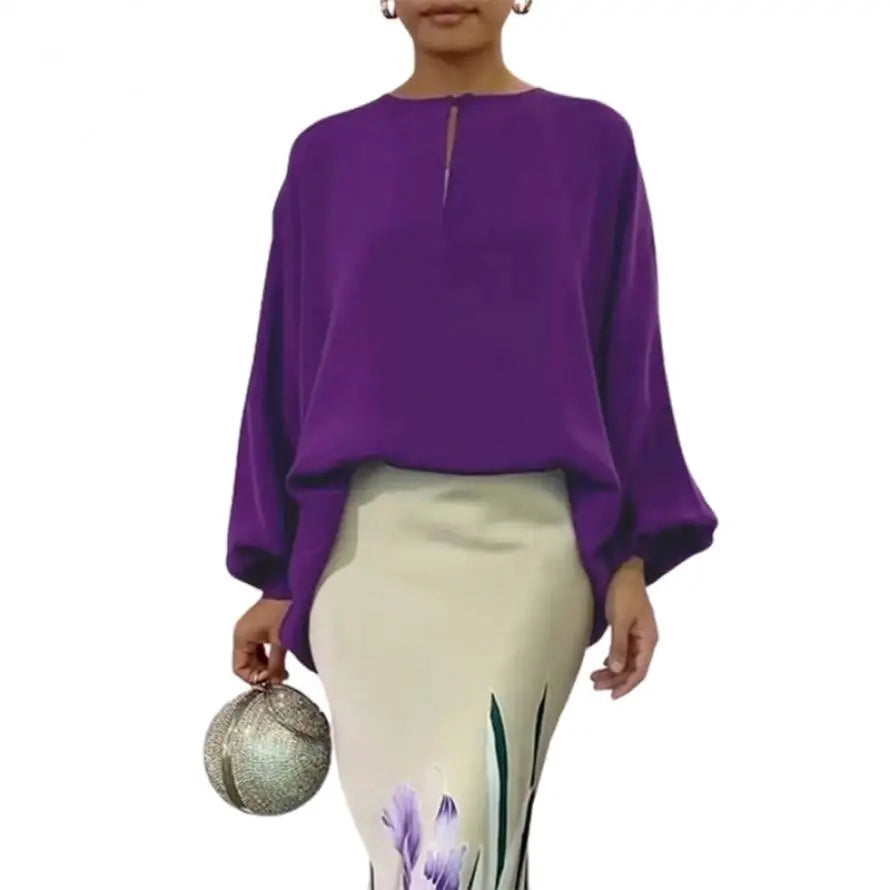 Fashion Purple O-Neck Blouse Tops For Women 2025 New Spring Summer Puff Sleeves Loose Casual Going Out Shirts
