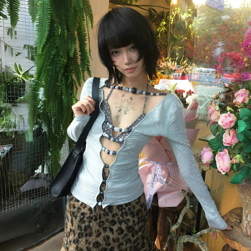 Karrram Japanese Y2k Hollow Out T-shirt 2000s Aesthetics Long Sleeve Beaded Tops Vintage Harajuku Sexy Streetwear American Retro