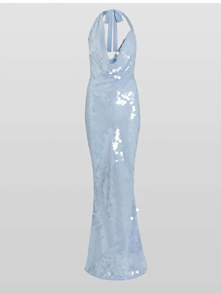 Chic Sequin Skinny Maxi Dress Swing Collar Backless Off Shoulder Lace Up Sparkling Vestidos For Women 2025 Summer Lady Y2k Robes