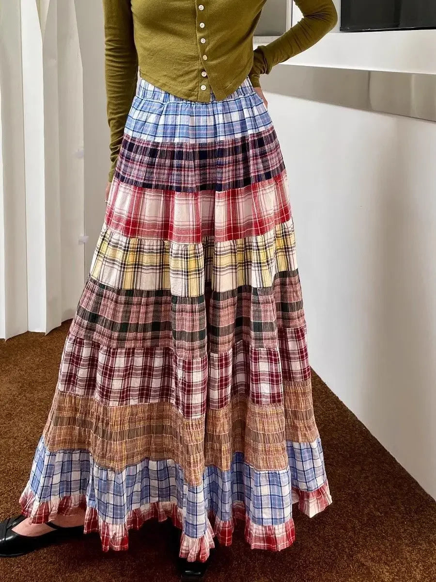 High Waist Plaid Patchwork A- Line Midi Skirt Women's Spring 2025 New Design Retro Unique Long Umbrella Skirt Polyester Fiber
