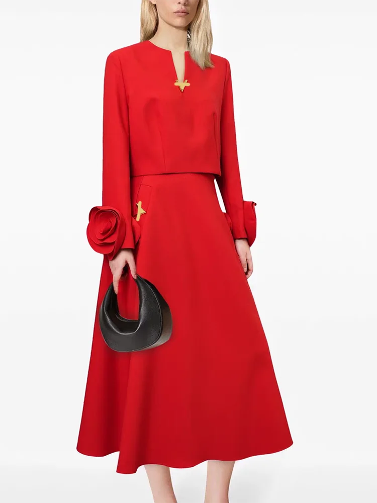 TWOTWINSTYLE Solid Two Piece Set For Women V Neck Long Sleeve Spliced Appliques Top High Waist Loose Skirt Elegant Sets Female