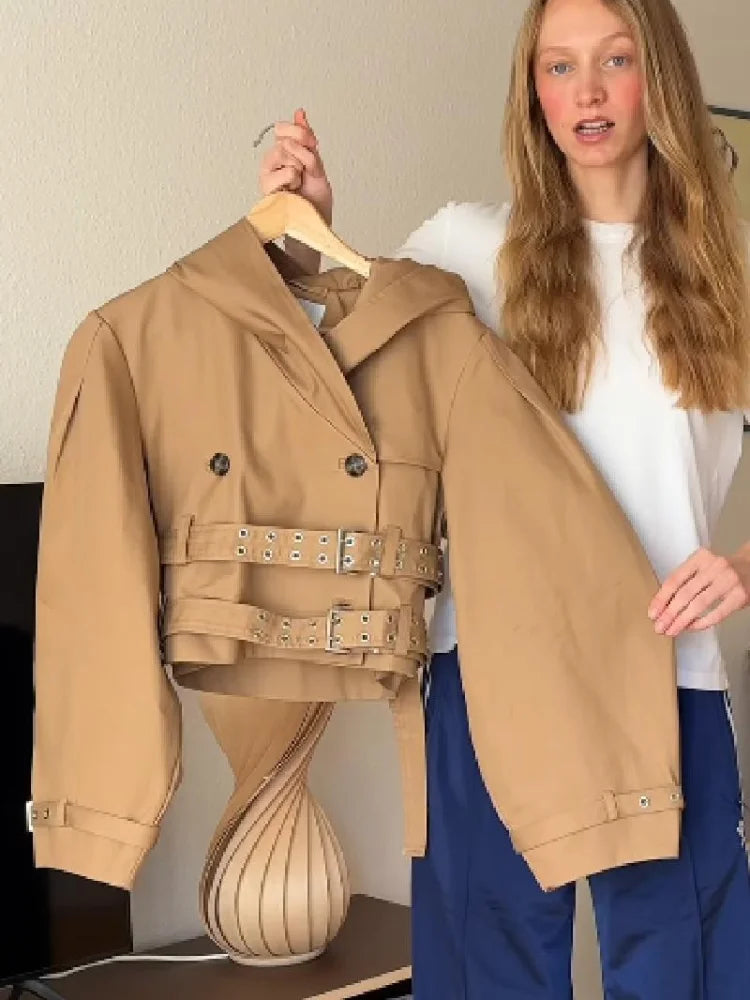 Chic Punk Trench Coat For Women Full Sleeve Loose Hooded Crop Jacket Lapel Bat Sleeve Long Coats 2025 New Lady Y2k Fall Outwears