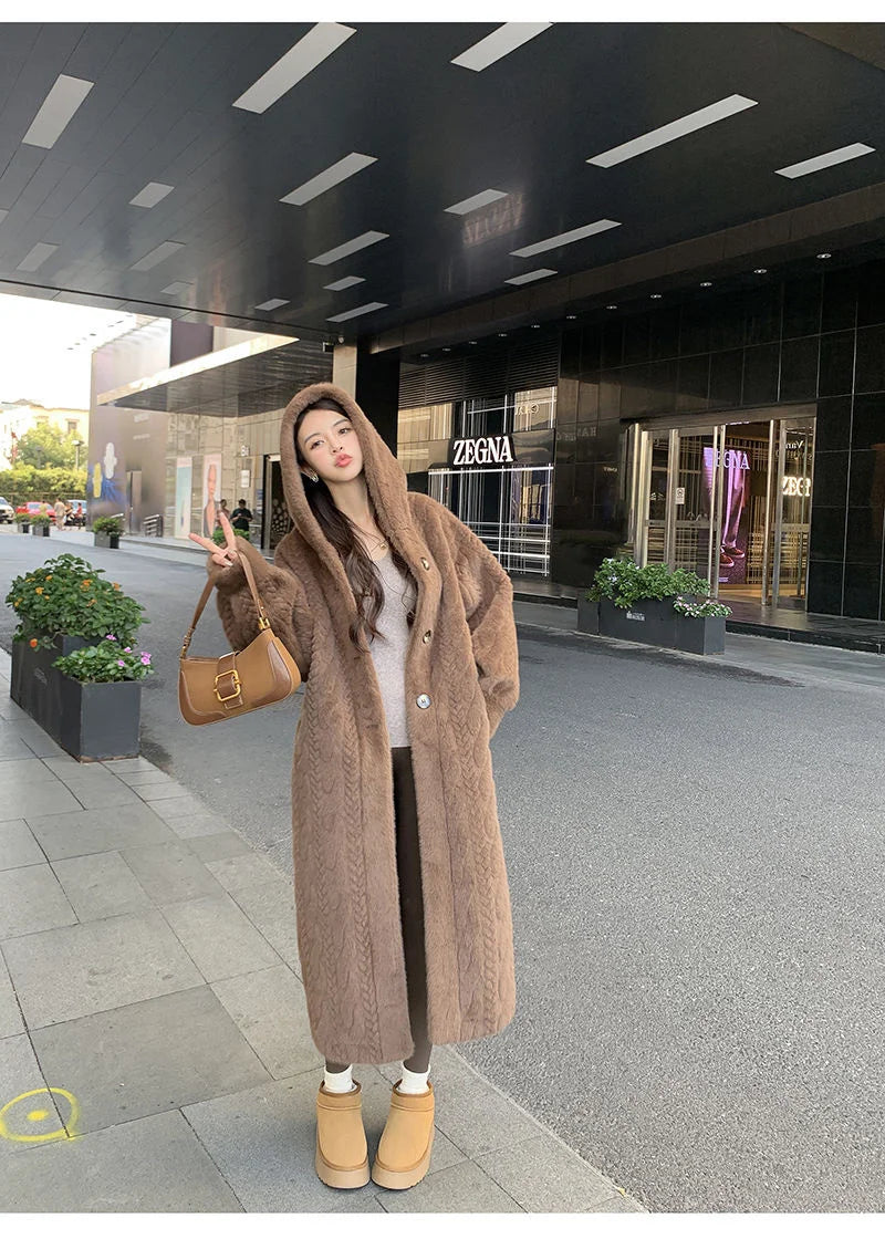 2025 Winter New Thick Women's Long Imitation Mink Plush Cardigan With Integrated Fur Eco-Friendly Hooded Fur Coat Solid Color
