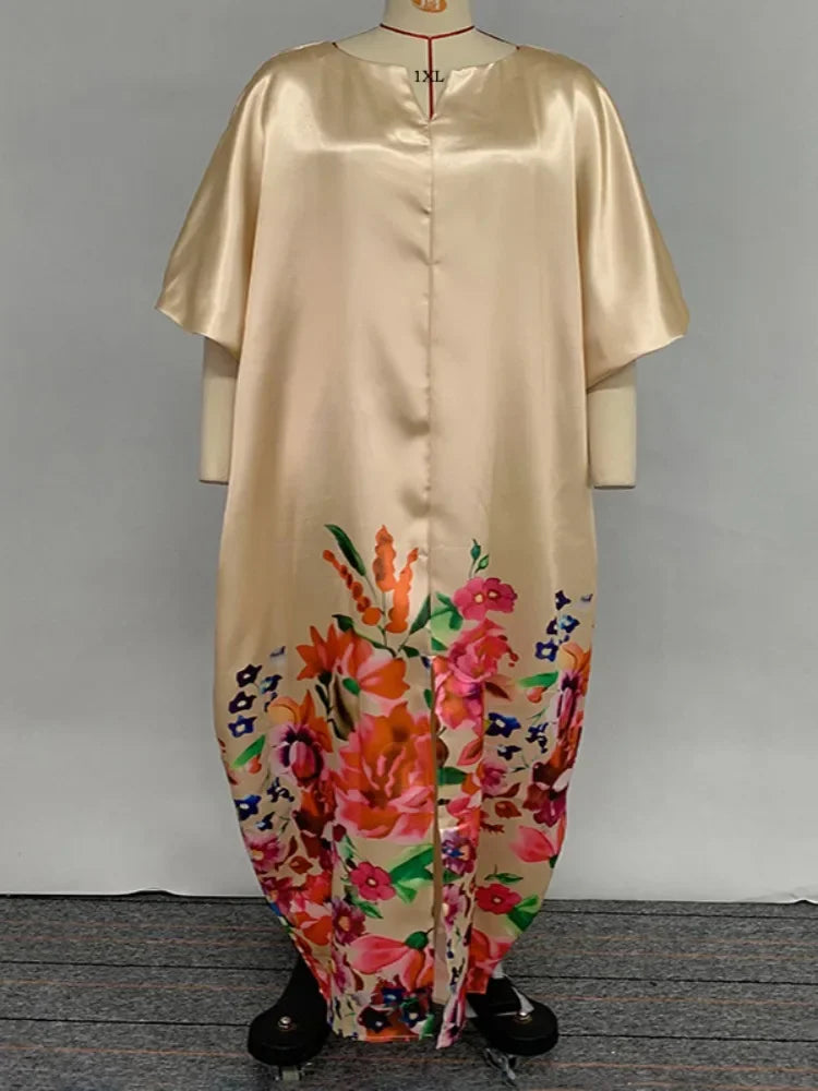 Beautyblue Plus Size Women's Clothing Robe De Soiree Femmes Elegant Floral Printed Boat Neck Puff Sleeves Oversized Maxi Dress