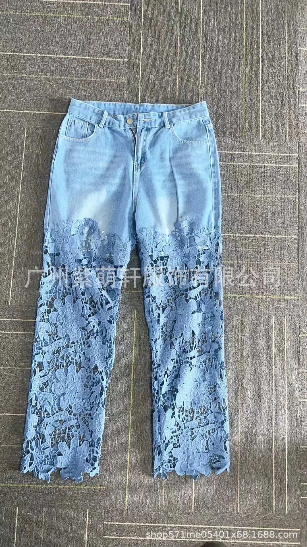 Women's Spring Summer Fashion Hollow Out Lace Splicing Denim Drape Pants Full Length Trousers