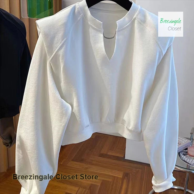 French style V-neck shoulder pads short sweater women's spring and autumn new fashion casual loose niche bottoming shirt