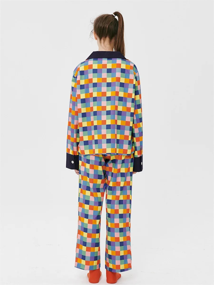 Women 2 Piece Pajamas Set Colorful Plaid Print Long Sleeve Button up Shirt and Elastic Pants for Loungewear Soft Sleepwear Pjs