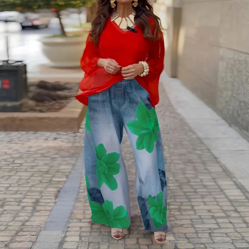 Krisstargirl Summer Women's Urban Flower Printed Pants 2025 New Loose Casual Hight Waist Wide Leg Trousers Bottoms for Woman