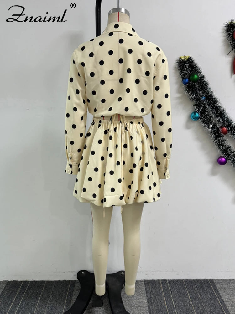 Znaiml Elegant Apricot Women 2 Piece Set Birthday Party Outfit Long Sleeve Crop Top and Ball Bown Skirt Polka Dot Suit Beachwear