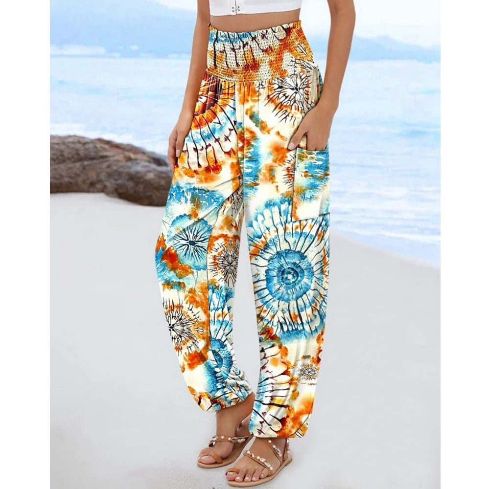 Women's High Waist Floral Print Pocket Cuffed Pants – Casual Sporty Streetwear Trousers with Shirring Elastic Waist