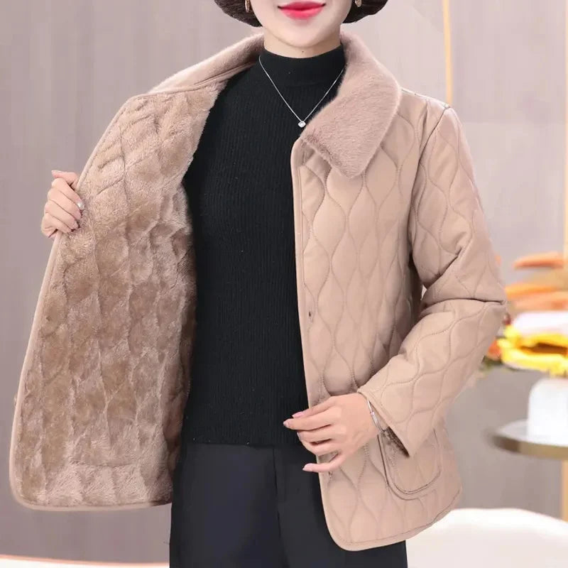 Winter Plush Jacket Winter Mom's Fashion Plus Size Loose Thick Fur Collar Coat For Mid-Aged Women With Velvet Warm Quilted Coat