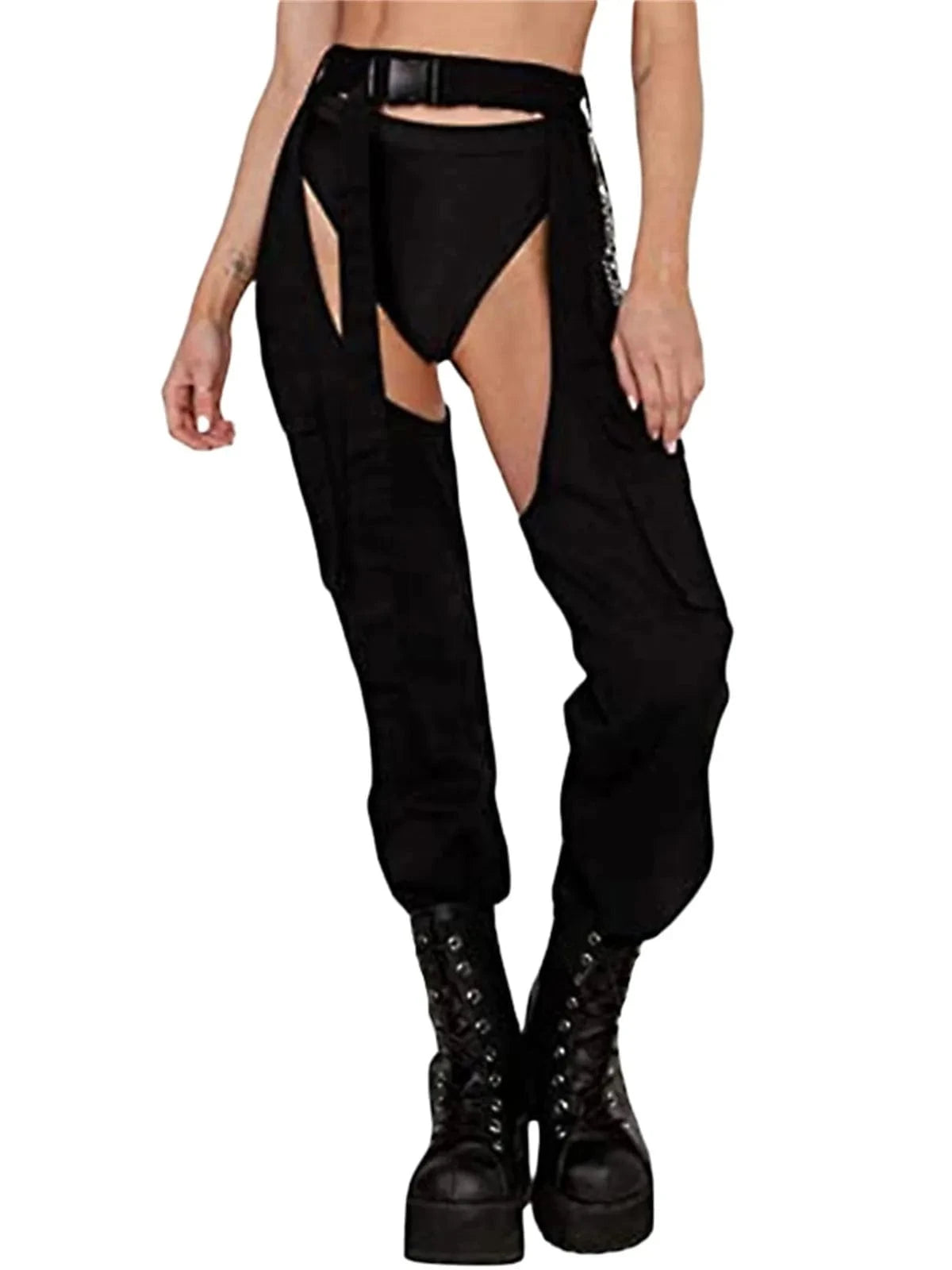 hirigin Women Buckles Bottomless Pants High Waist Cargo Trousers Crothchless Color Block Boggy Trousers Long Rave Legging