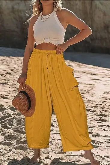 Loose Wide Leg Pants Women's Clothing Elastic Waist Pleated High Waist Casual Cotton Linen Solid Color Trousers Pants