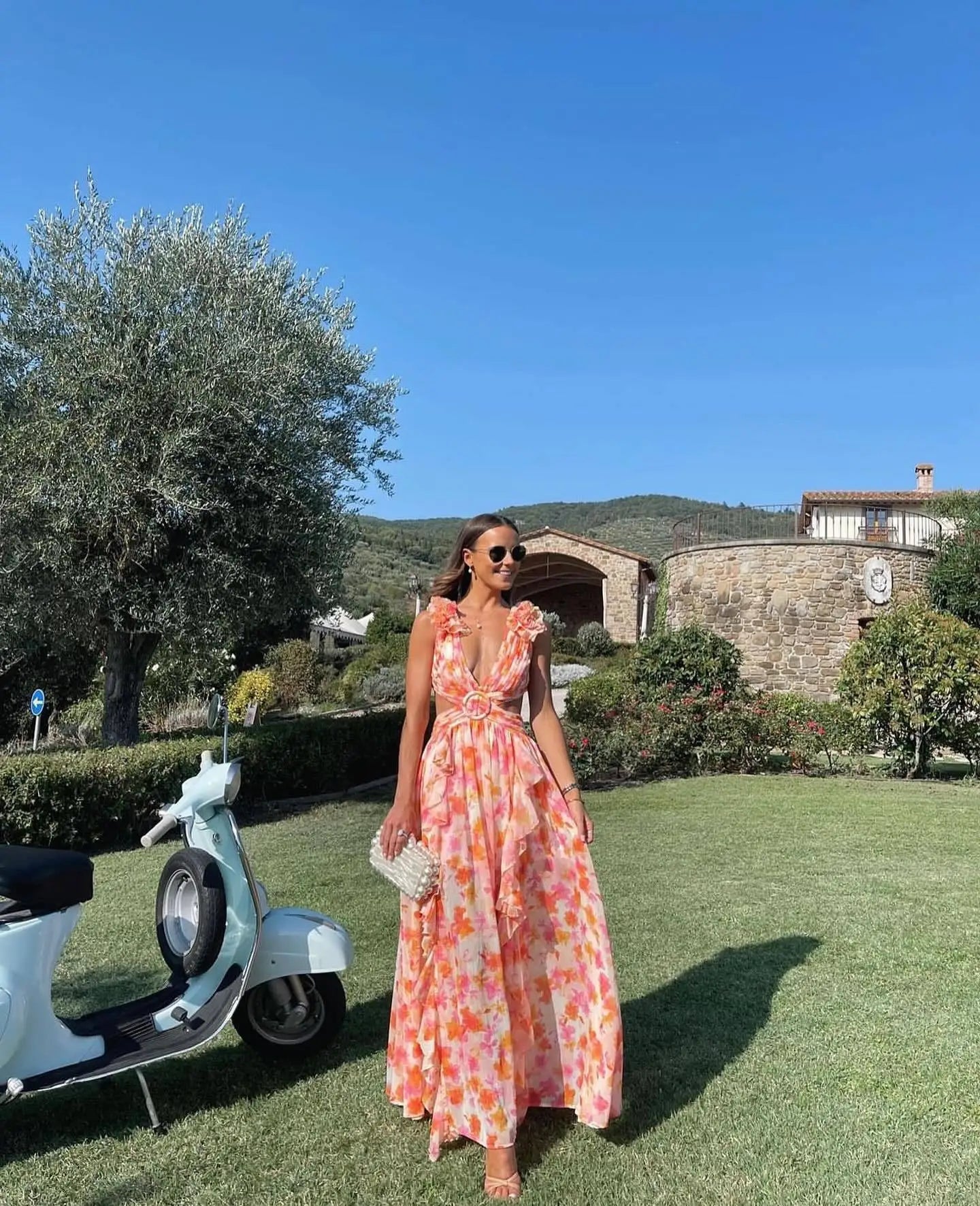 Summer Spring Women's Clothing Dress Hollow Out Slim Deep V Ruffle Edge Floral Backless Dress Loose Maxi