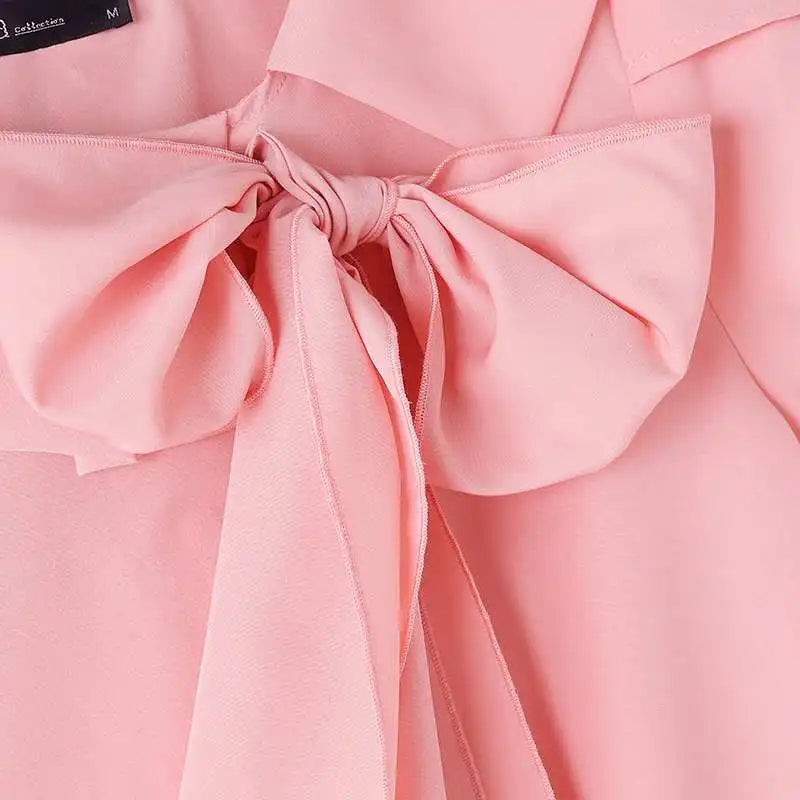 ZANZEA Women Short Sleeve Blouse Elegant Round Neck Tunics Office Lady Bowknot Stitching Shirt Casual Loose Solid Twisted Tops
