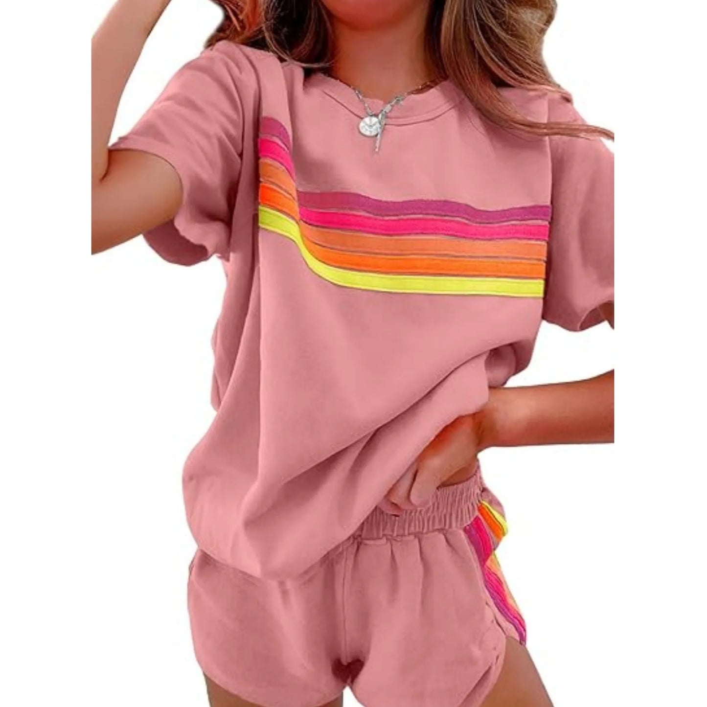 Casual Comfy Lightweight Stripe Top and Shorts Set for Women