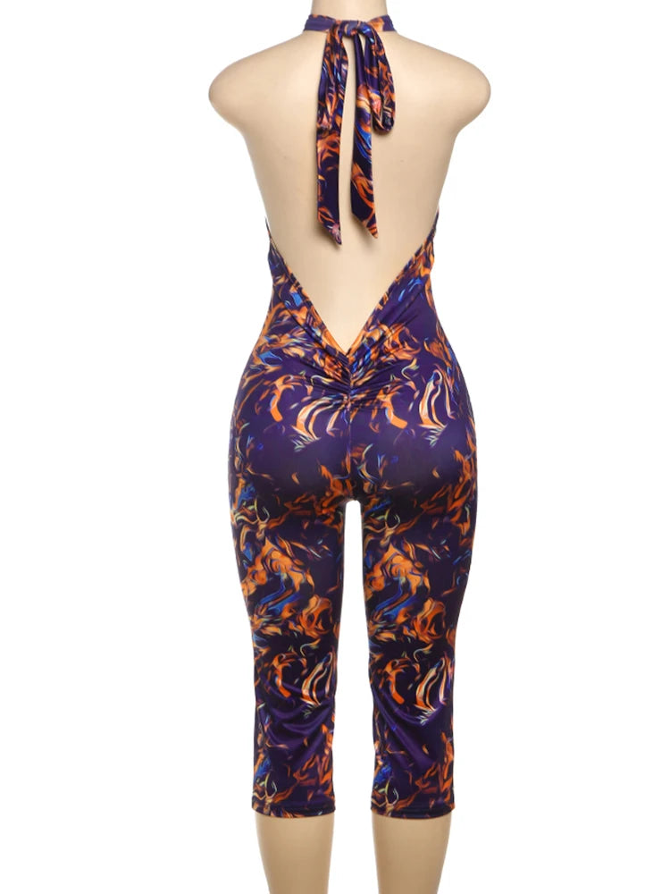 Weird Puss Sexy Print Halter Romper Women Bandage Summer Colorful Hipster Backless Activity Workout Fit Tight Stretch Playsuits