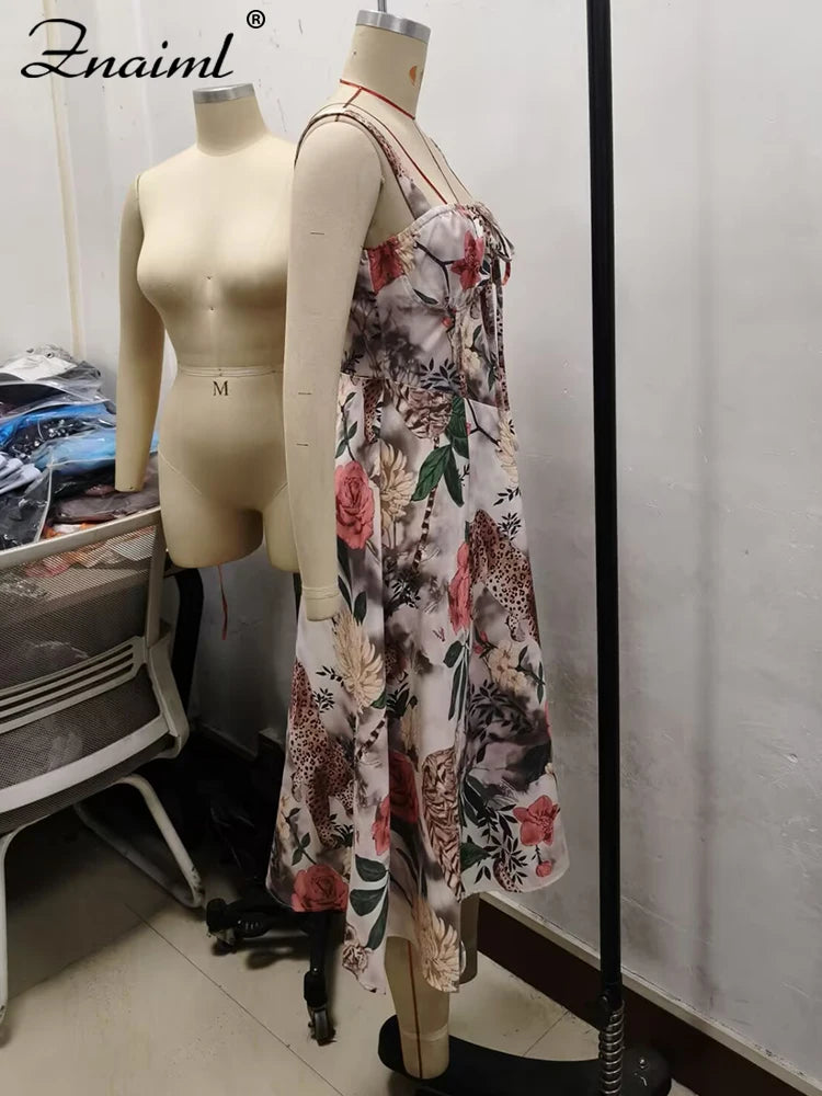 Znaiml Elegant Beach Floral Print A-Line Long Dress Summer Women Sleeveless Off Shoulder Strap Party Vacation Sexy Birthday Robe