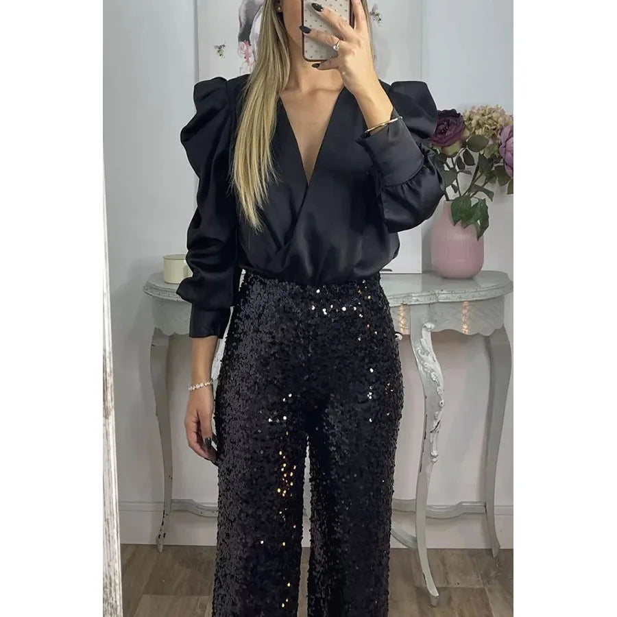 Spring Solid Color Commute Satin Shirt Pullover Fashion V-Neck Puff Long Sleeve Blouses Female Temperament Pleated Ruffled Tops
