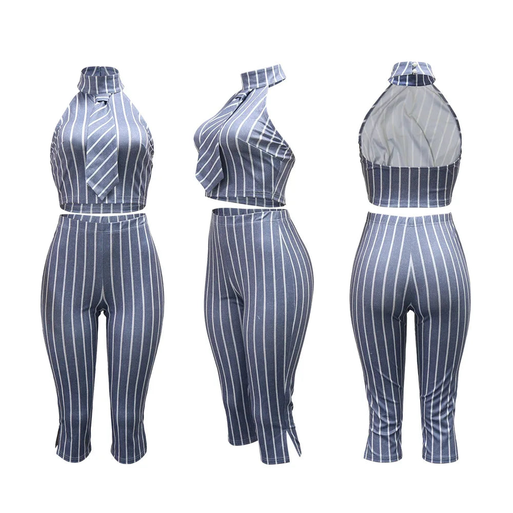 CM.YAYA Striped Printed Women's Set Sleeveless Necktie Tops and Leggings Pants 2025 Sexy Party Two 2 Piece Sets Outfit Tracksuit