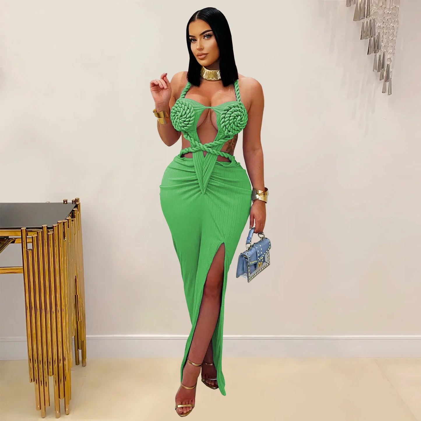 Joskaa Women's 2025 Summer Knit Halter Dress Sexy Hollow Backless Slit Bodycon Maxi Dresses Holiday Party Club Beachwear S-XXL