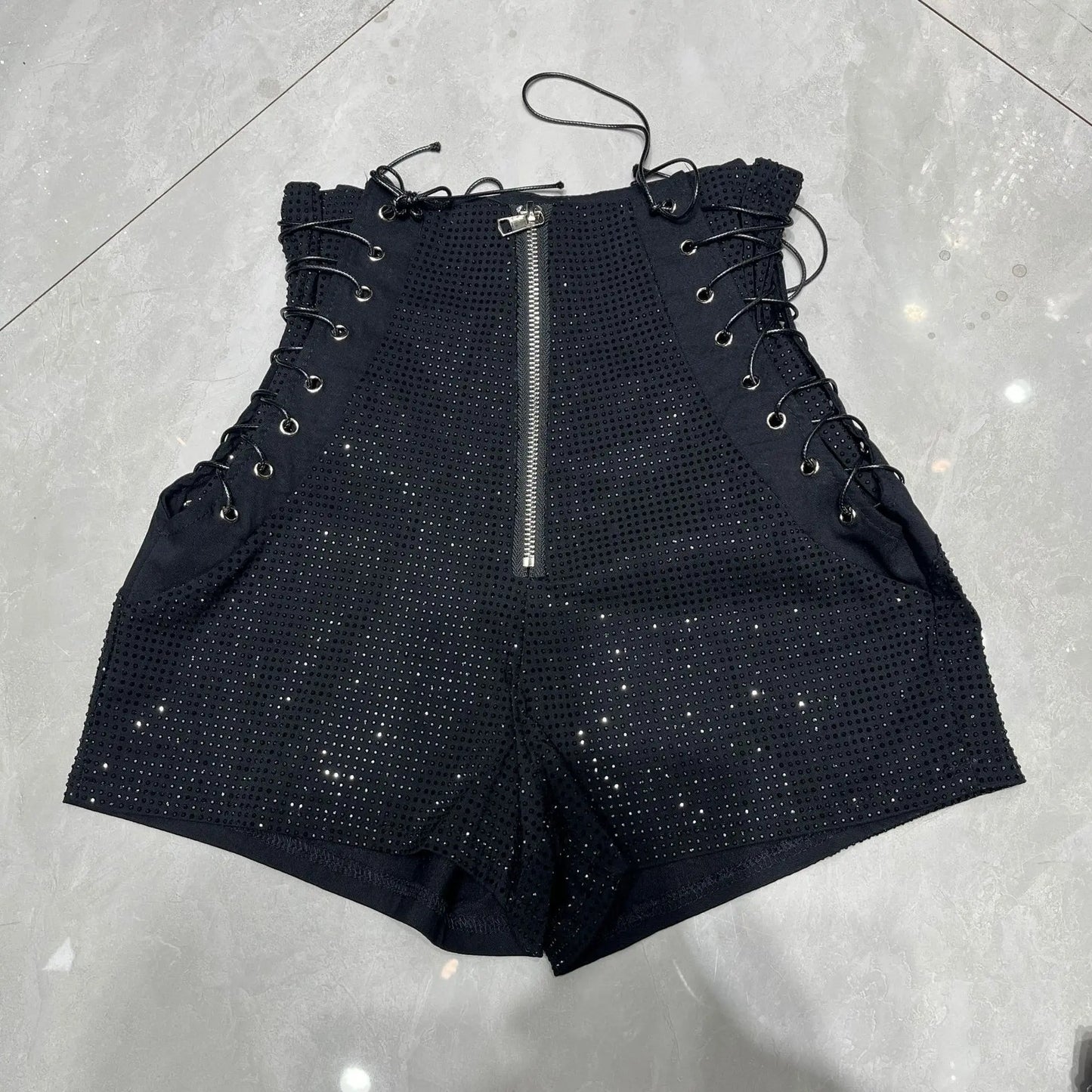 Summer New Fashion Hot Girl Design Heavy High Waistshorts Women's Tie Back Zipper Design Tight Hip Covering Nightclub Hot Pants