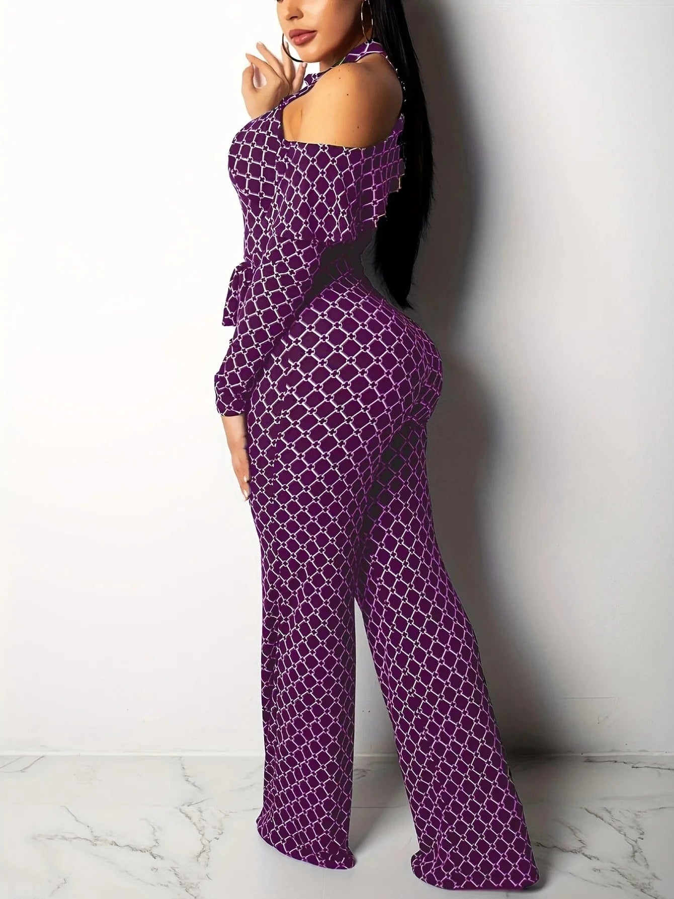 Plaid Print Rompers Womens Jumpsuit Off Shoulder Ruffles Long Sleeve Bandage Overall Elegant Belted Plus Size Wide Leg Bodysuit
