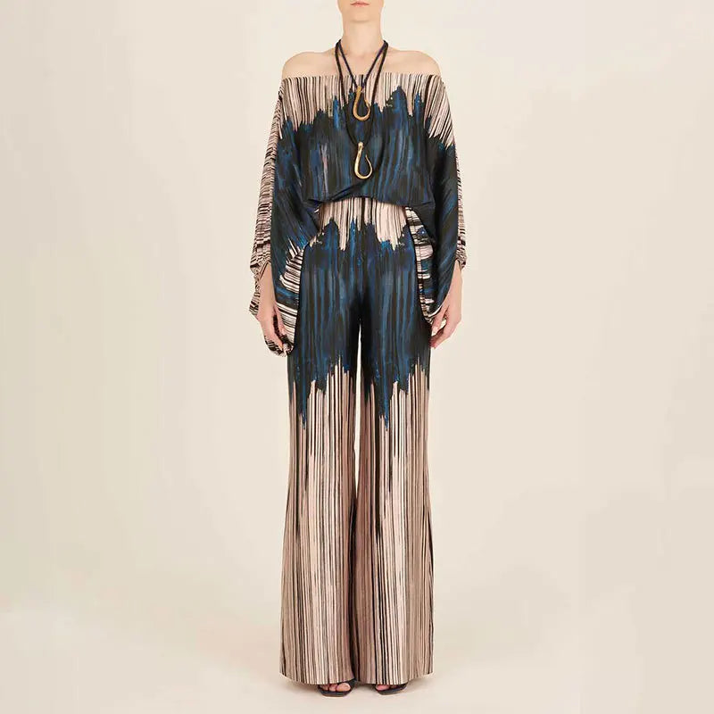 CM.YAYA Women Set Full Batwing Sleeve Slash Neck print Top + Wide Leg Pants Summer Street Two 2 Piece Sets Sexy Outfit Tracksuit