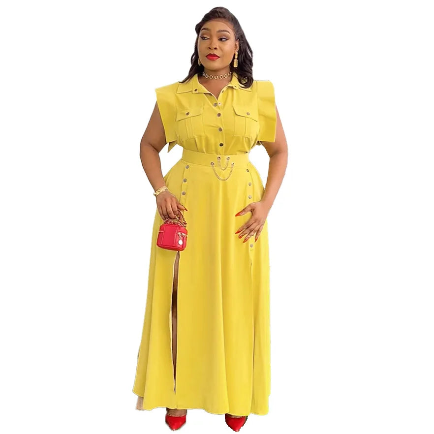 CM.YAYA Women's Set OL Sleeveless Shirt + Cargo Split Long Skirts Suit 2025 Summer Party Evening Street Two 2 Piece Set Outfits
